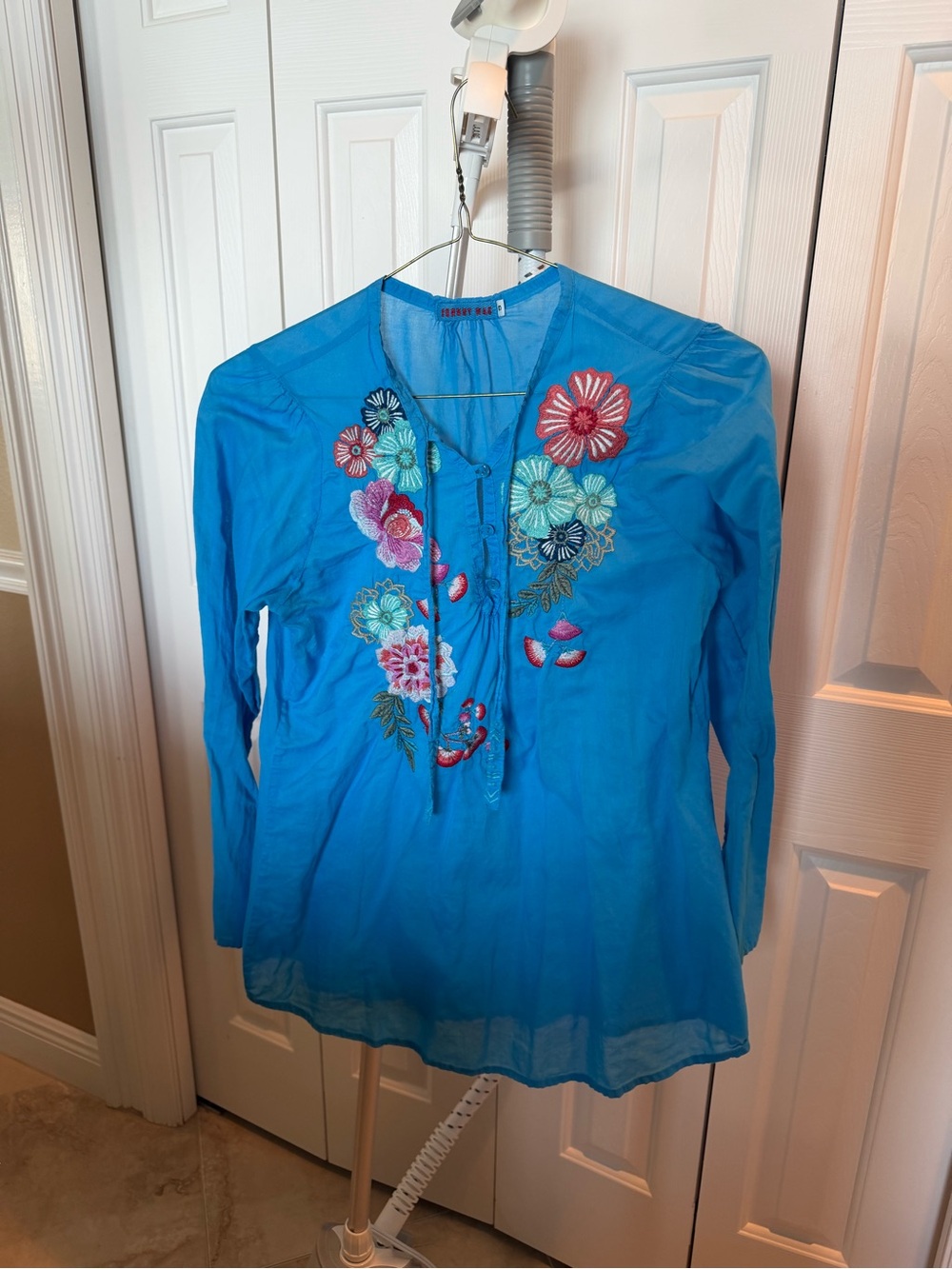 Johnny Was Turquoise Blue Embroidered Floral Tunic